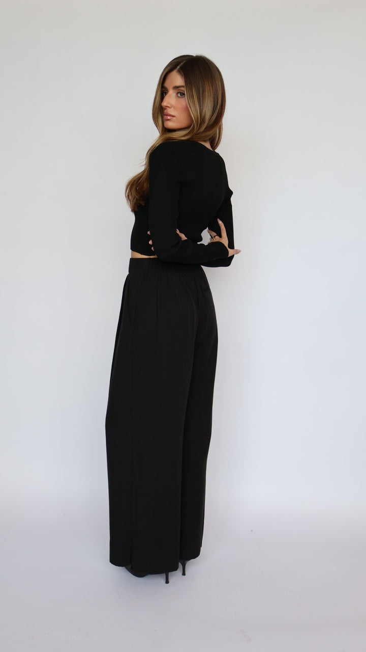 Wide Leg Flat Front Pants With Elastic Waist
