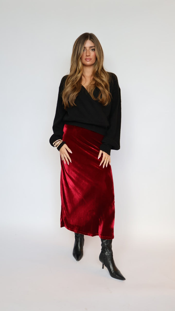 Stretch Velvet Midi Skirt