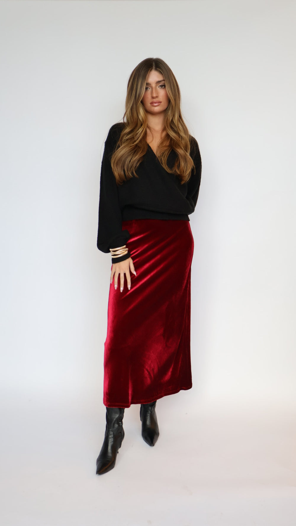 Stretch Velvet Midi Skirt