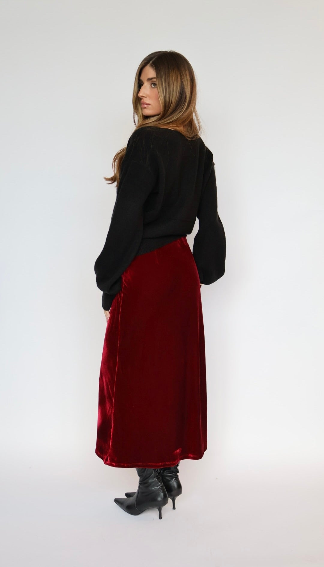 Stretch Velvet Midi Skirt