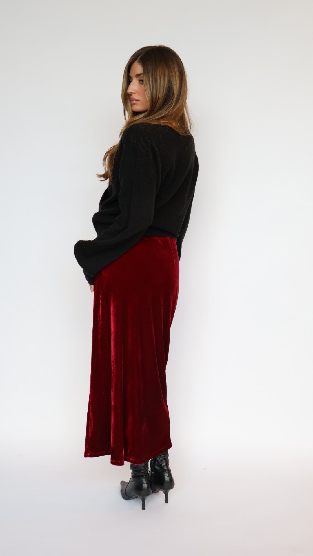 Stretch Velvet Midi Skirt
