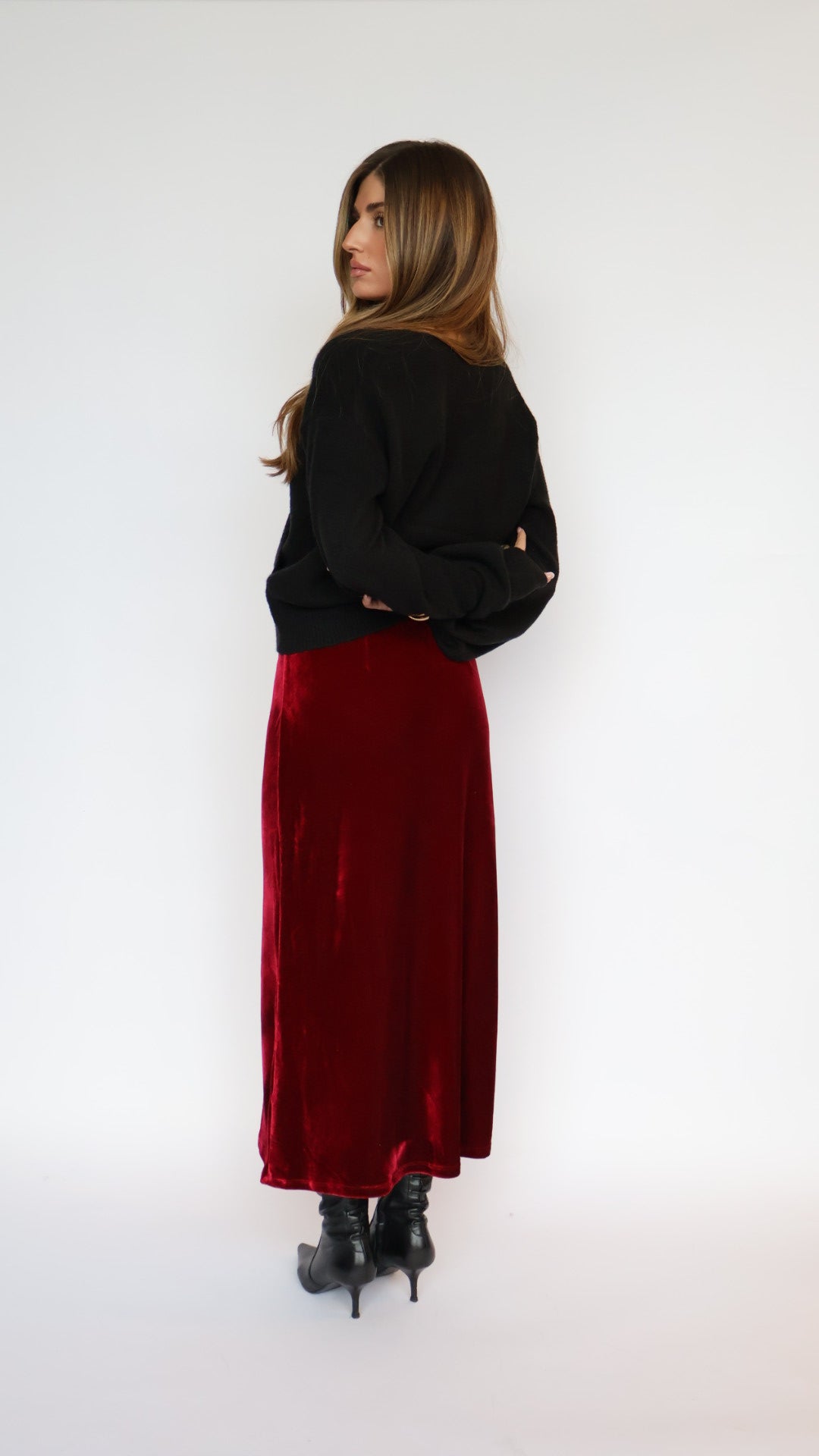 Stretch Velvet Midi Skirt