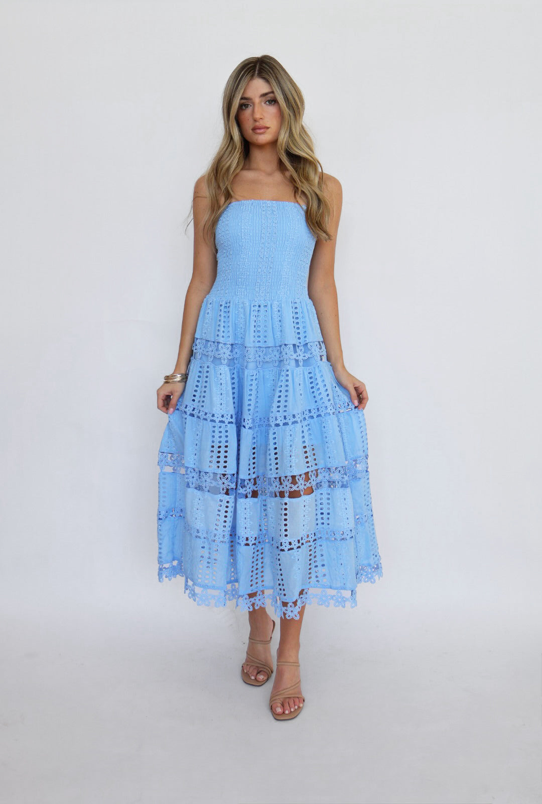 Eyelet Smocked Top Strapless Maxi Dress