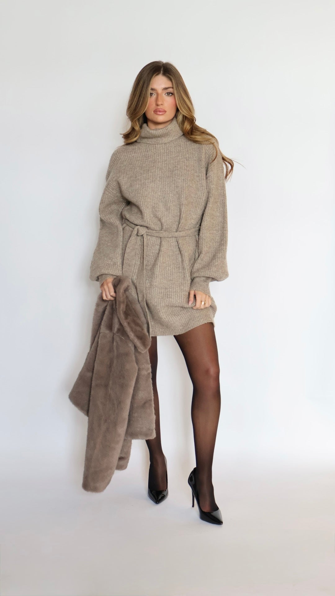 Turtleneck Sweater Mini Dress with Tie Waist