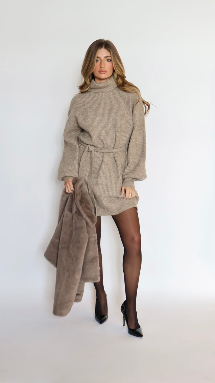 Turtleneck Sweater Mini Dress with Tie Waist