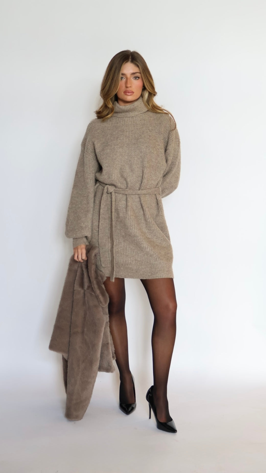 Turtleneck Sweater Mini Dress with Tie Waist
