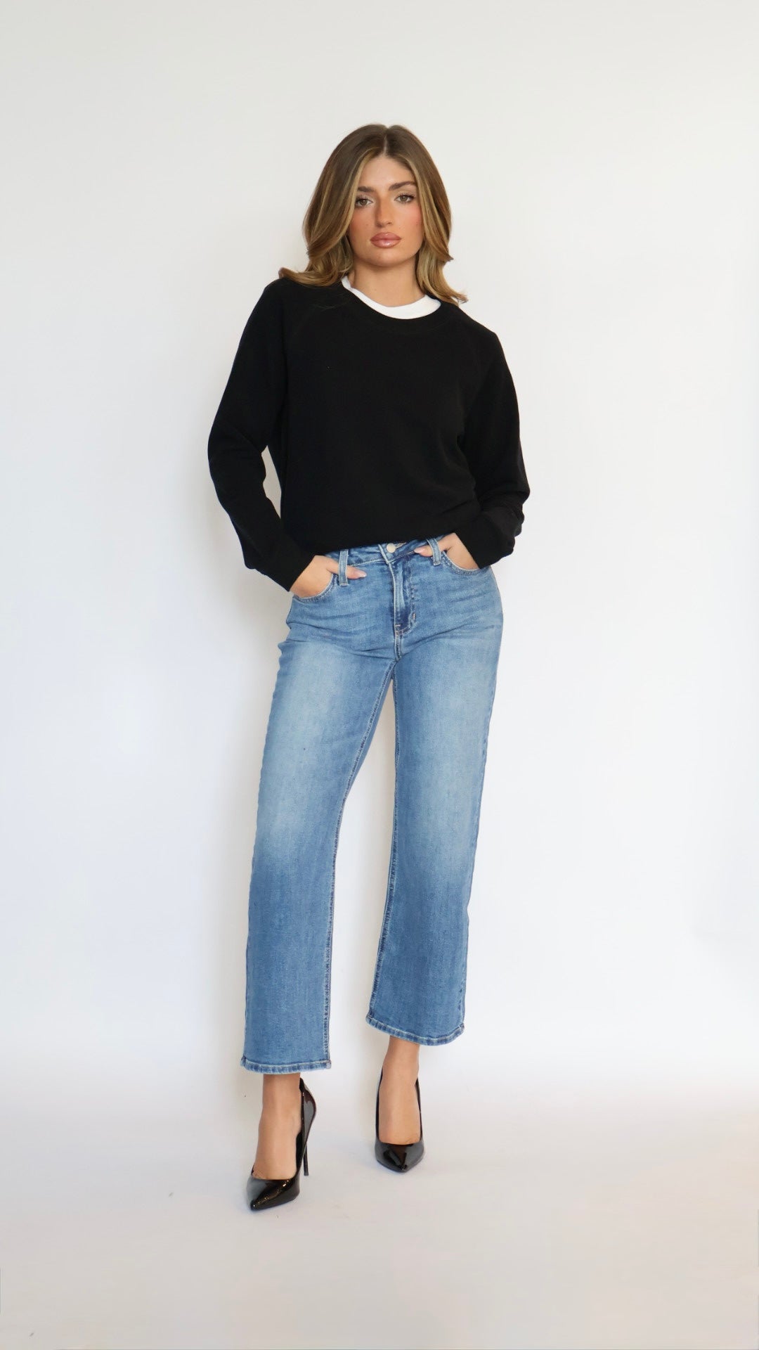 Just Black Denim Mid Rise Slim Wide Leg Jeans