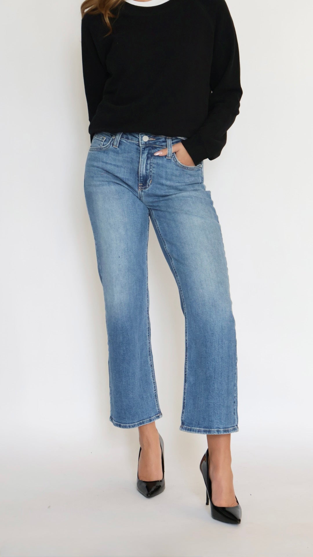 Just Black Denim Mid Rise Slim Wide Leg Jeans