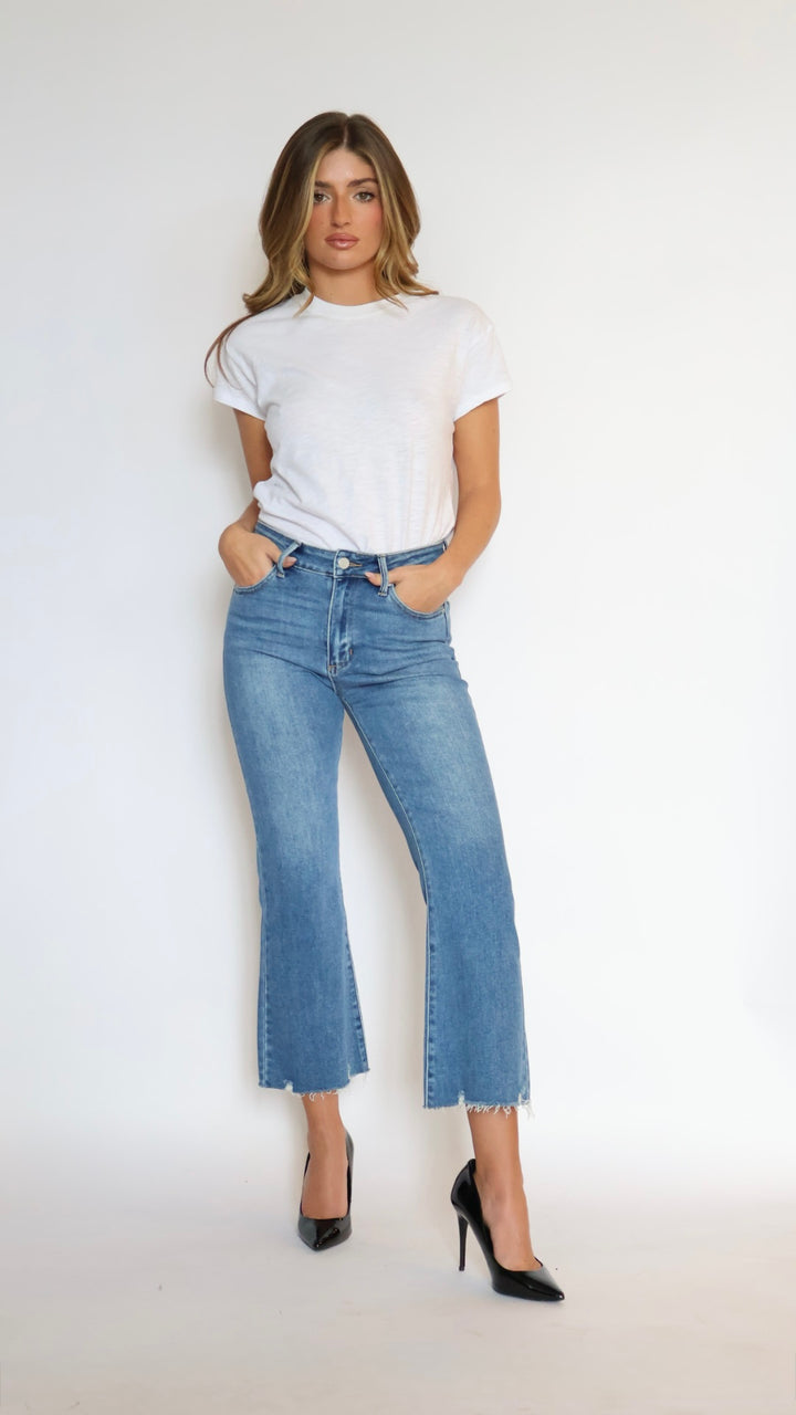 Just Black Denim Crop Flare Distressed Hem