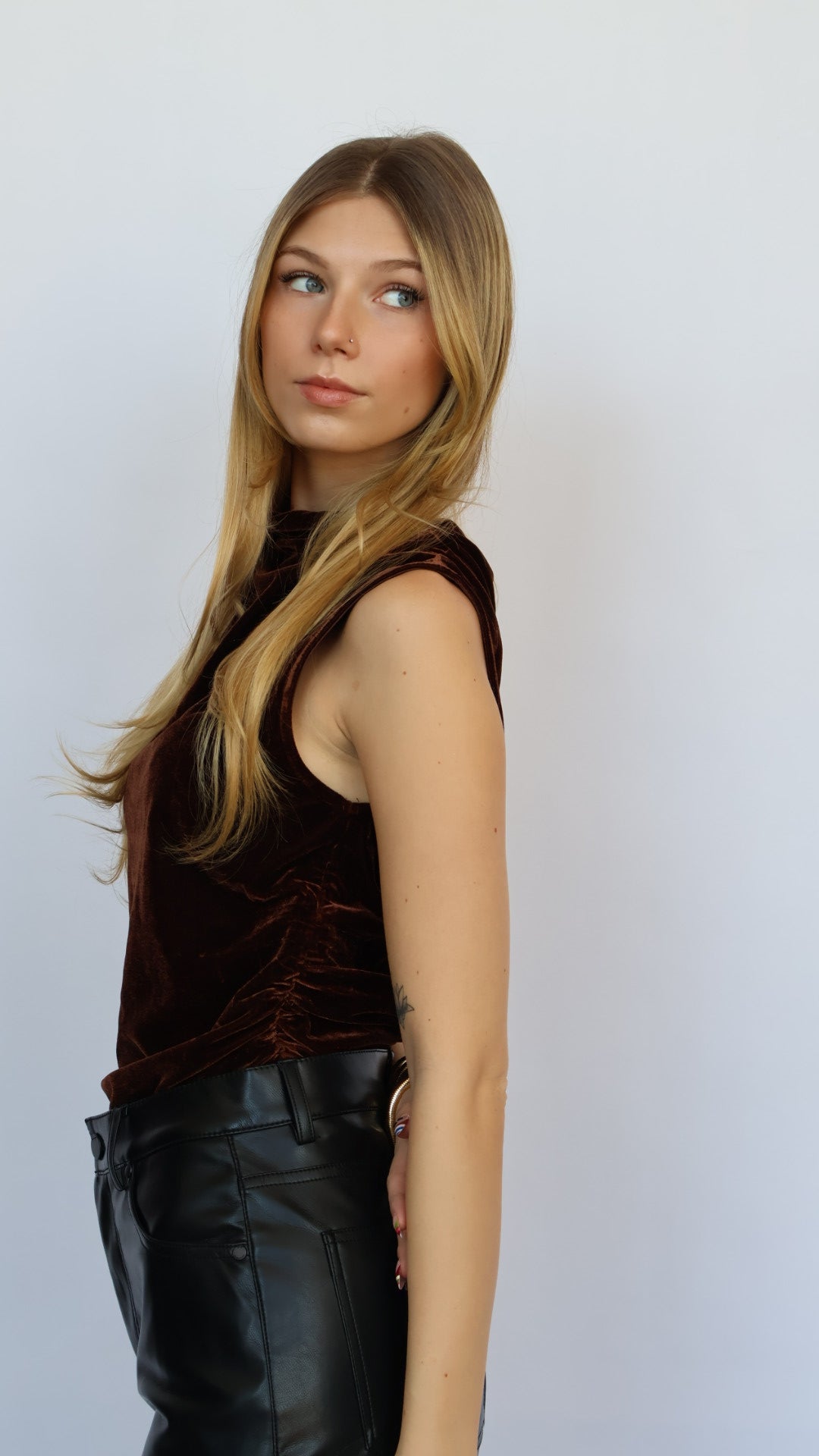 Velvet High Neck Ruched Top