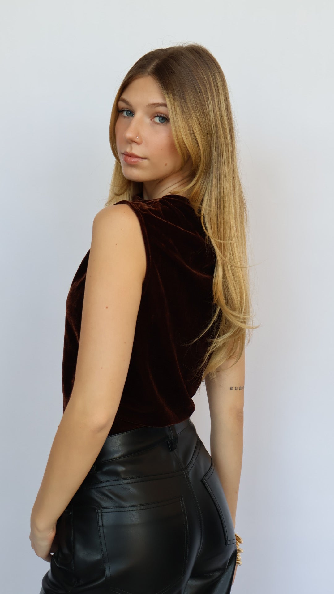 Velvet High Neck Ruched Top