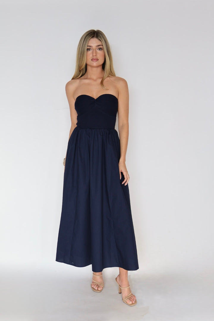 Navy Strapless Sweetheart Neck Maxi Dress