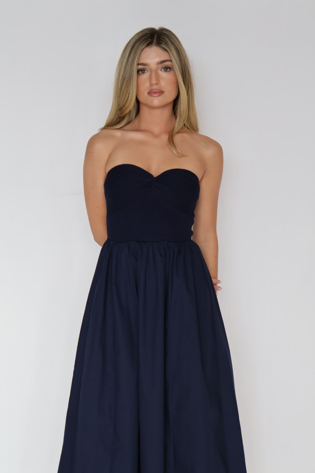 Navy Strapless Sweetheart Neck Maxi Dress
