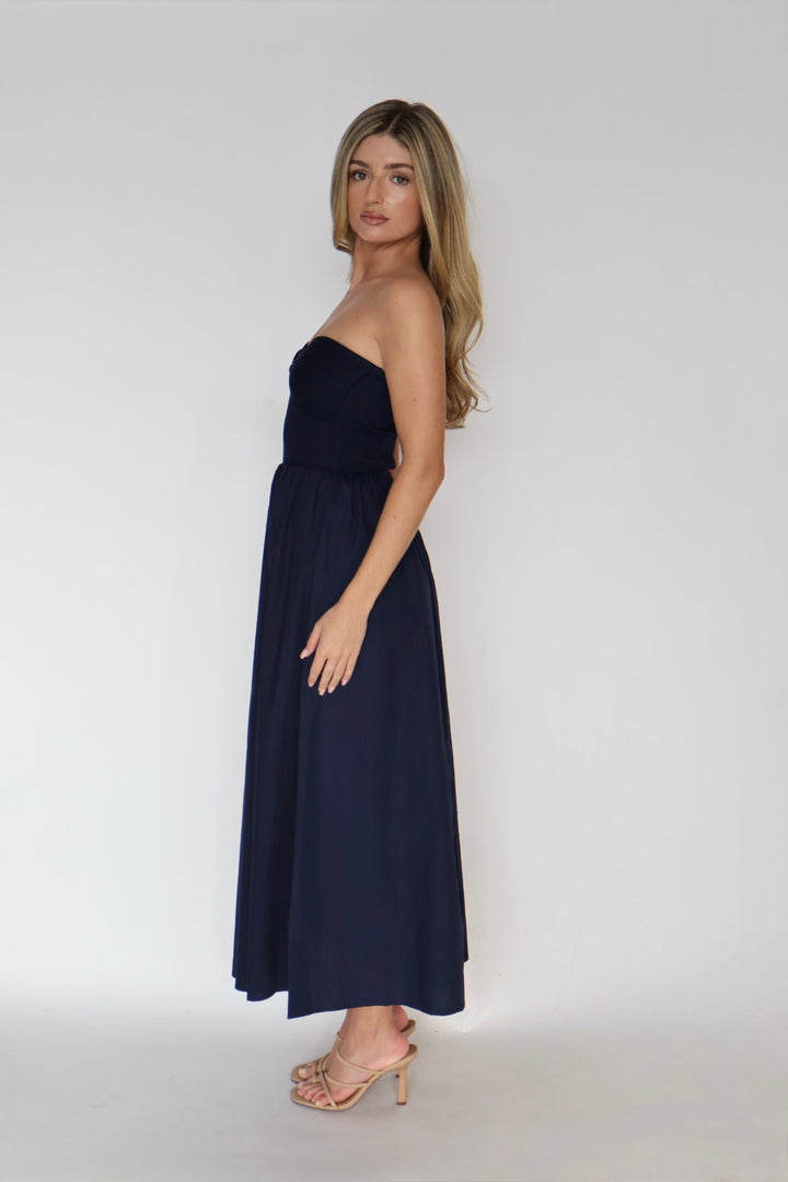 Navy Strapless Sweetheart Neck Maxi Dress