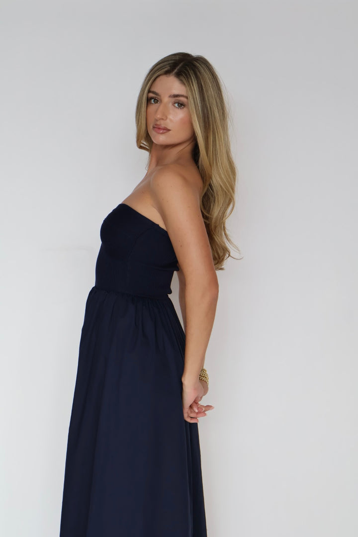 Navy Strapless Sweetheart Neck Maxi Dress