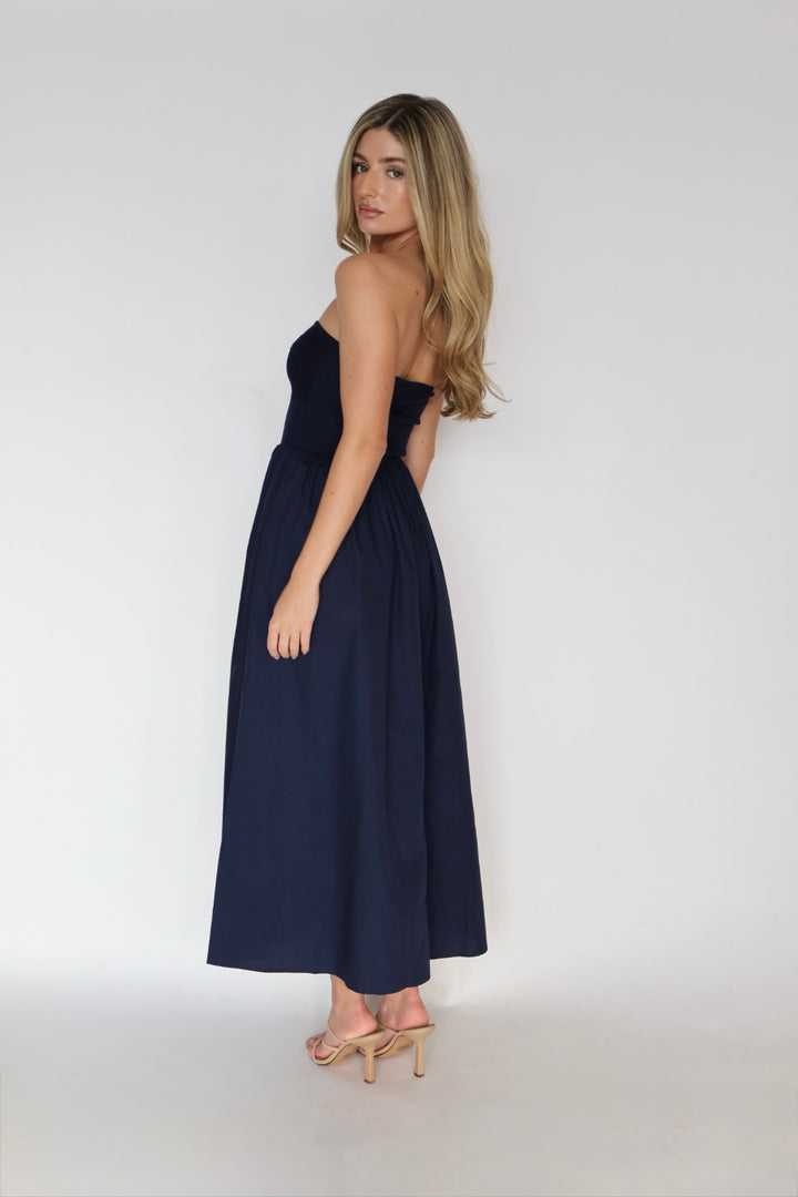 Navy Strapless Sweetheart Neck Maxi Dress