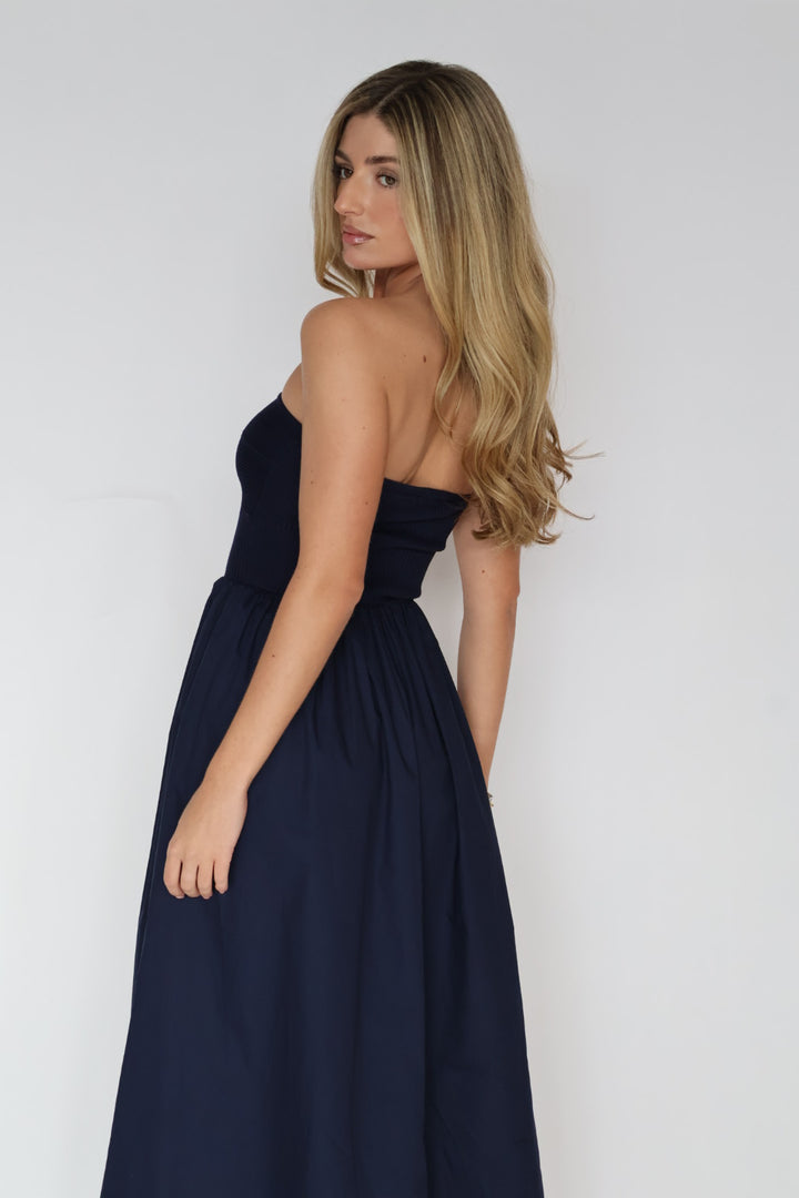 Navy Strapless Sweetheart Neck Maxi Dress