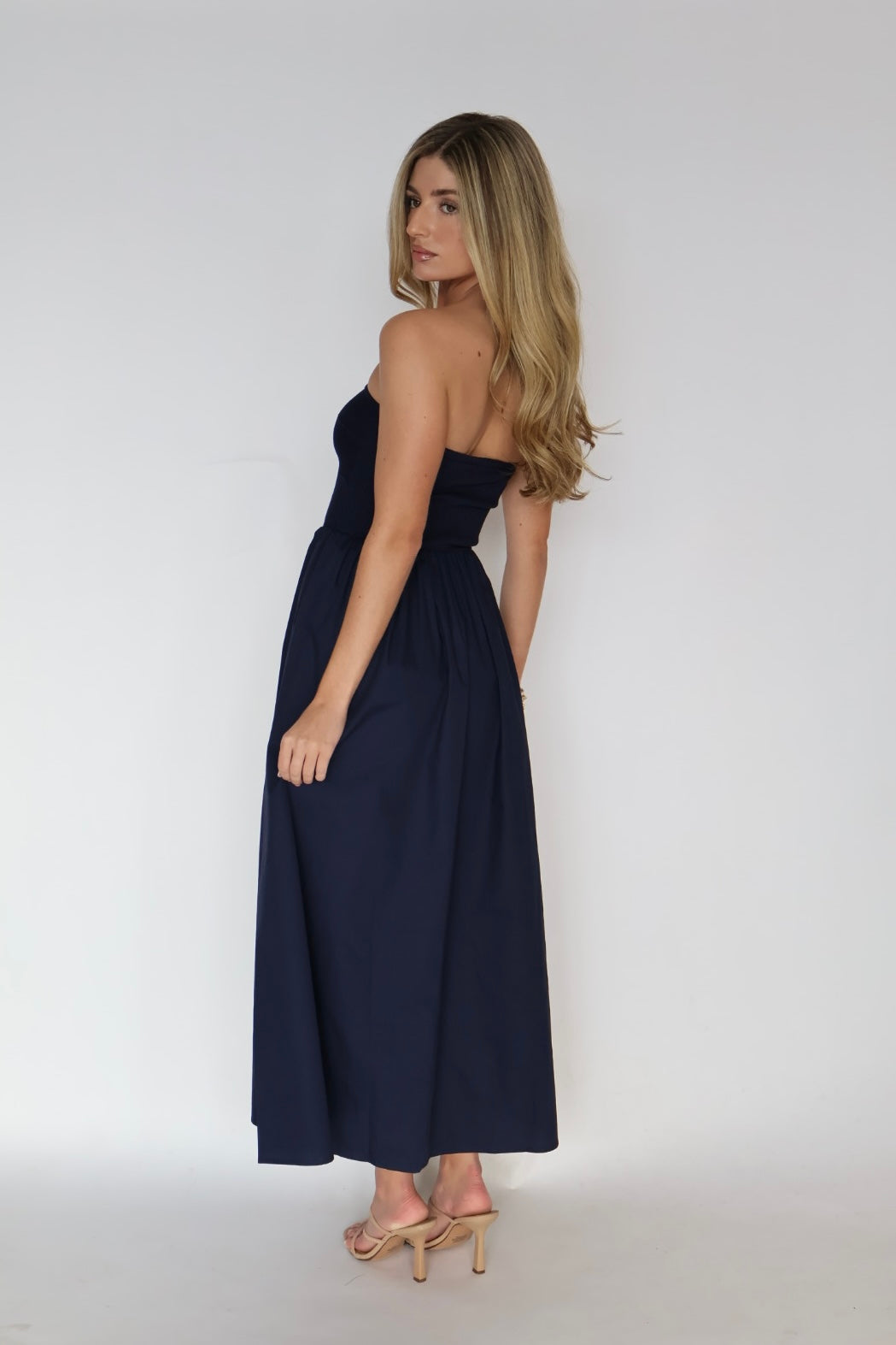 Navy Strapless Sweetheart Neck Maxi Dress