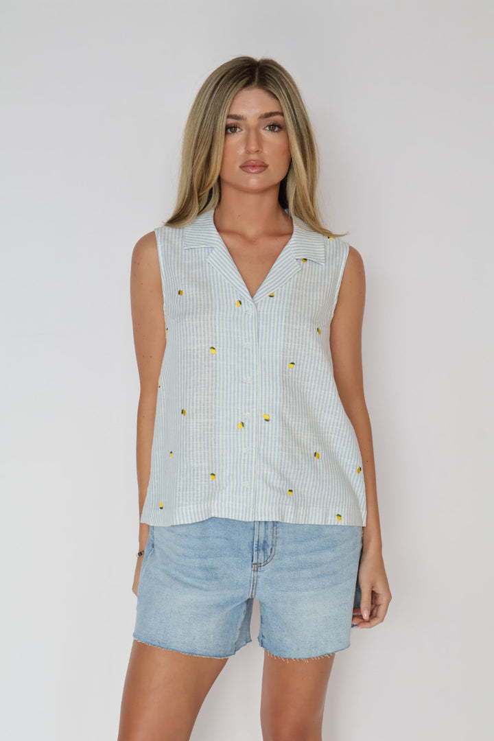 Stripe Lemon Sleeveless Button Down Top