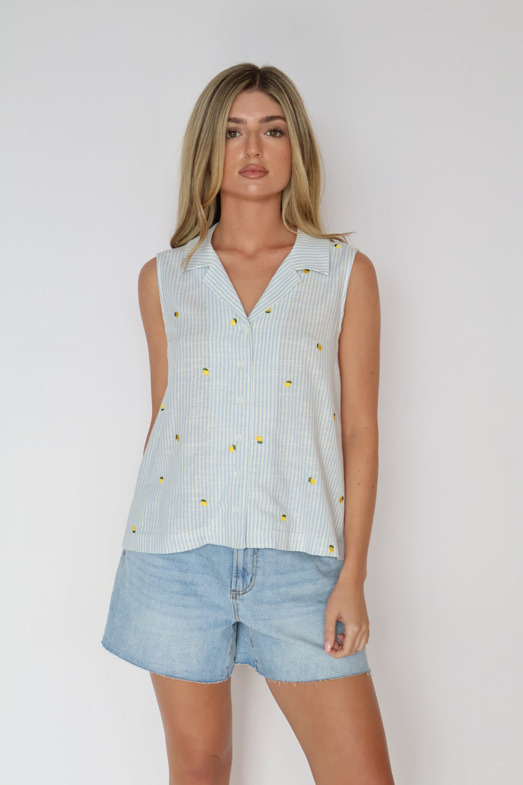 Stripe Lemon Sleeveless Button Down Top