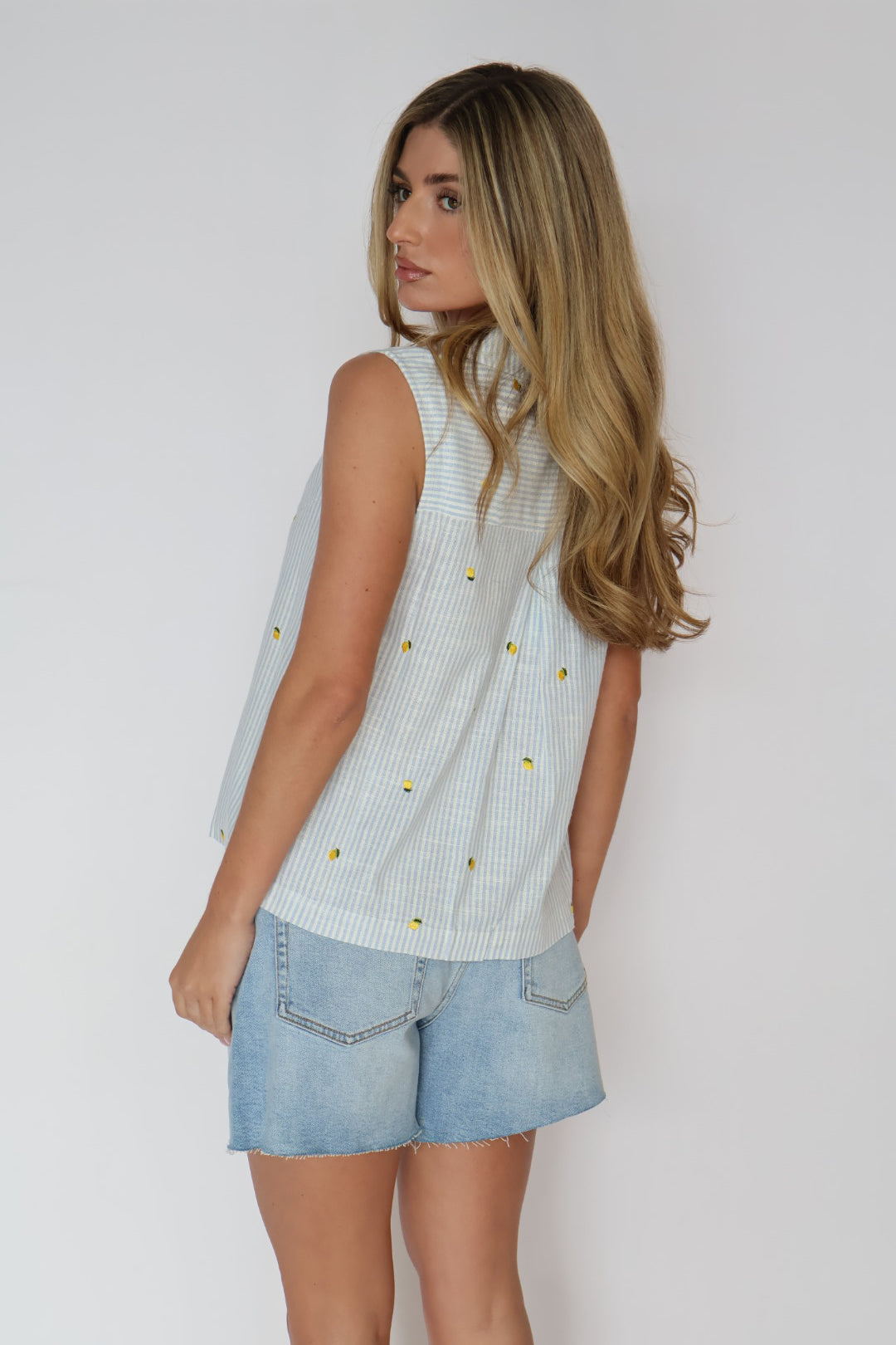 Stripe Lemon Sleeveless Button Down Top