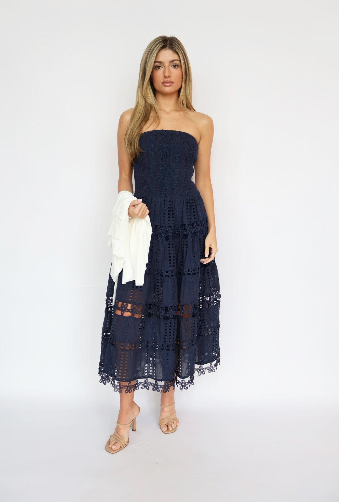 Eyelet Smocked Top Strapless Maxi Dress