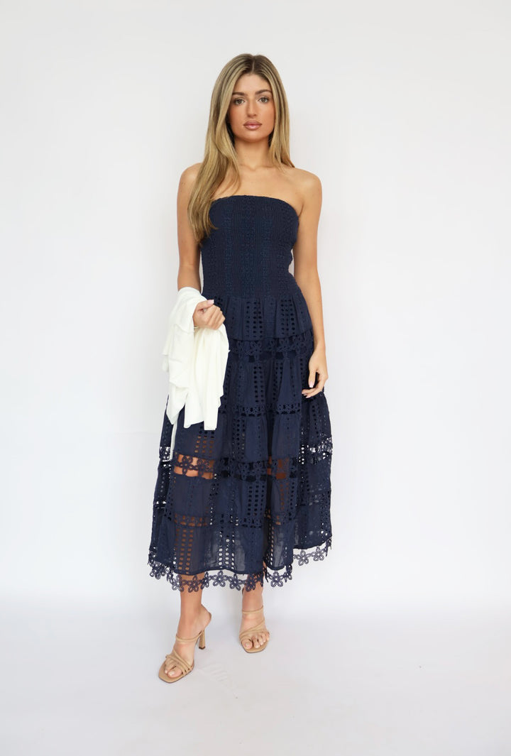 Eyelet Smocked Top Strapless Maxi Dress