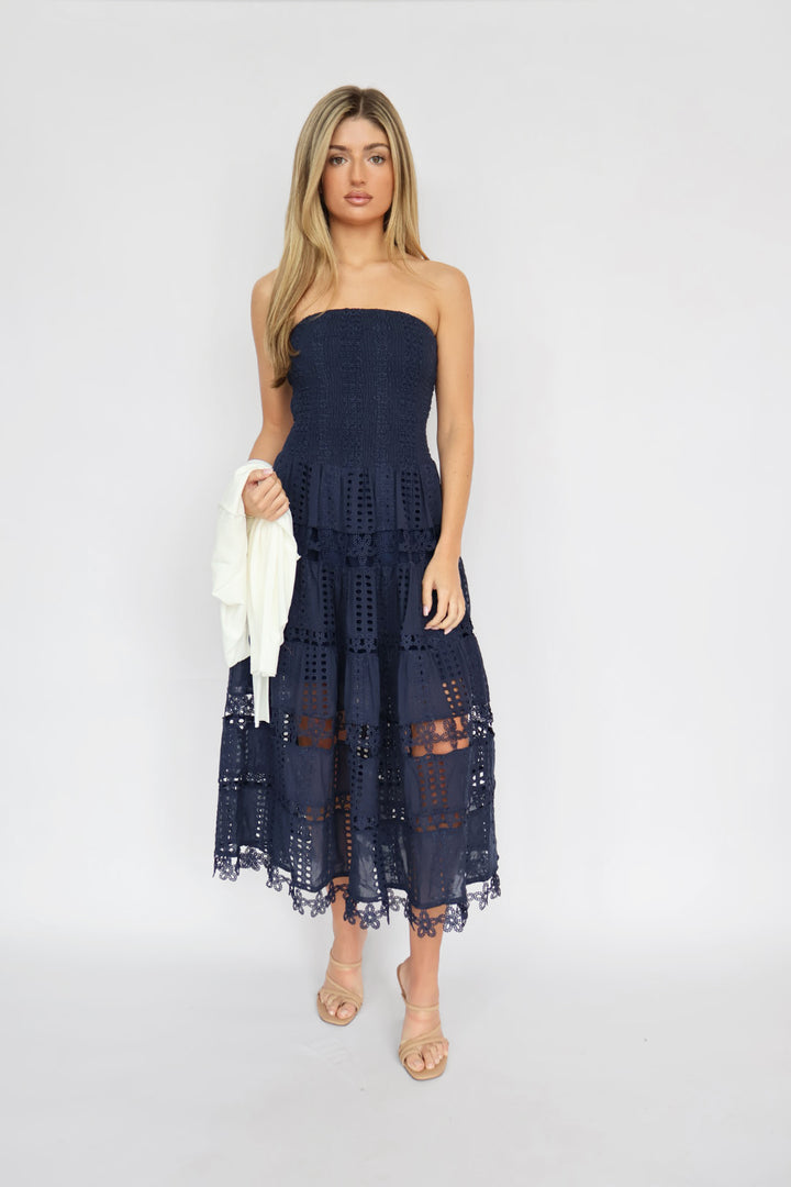 Eyelet Smocked Top Strapless Maxi Dress