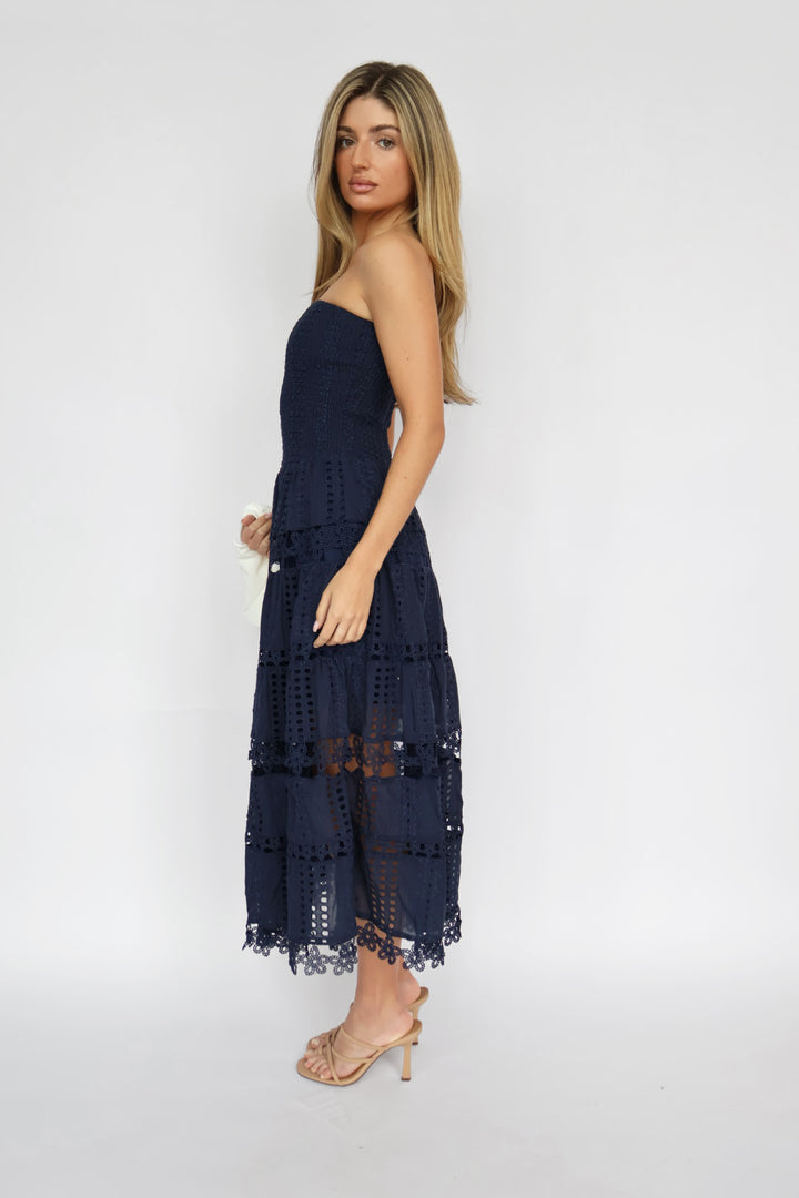 Eyelet Smocked Top Strapless Maxi Dress