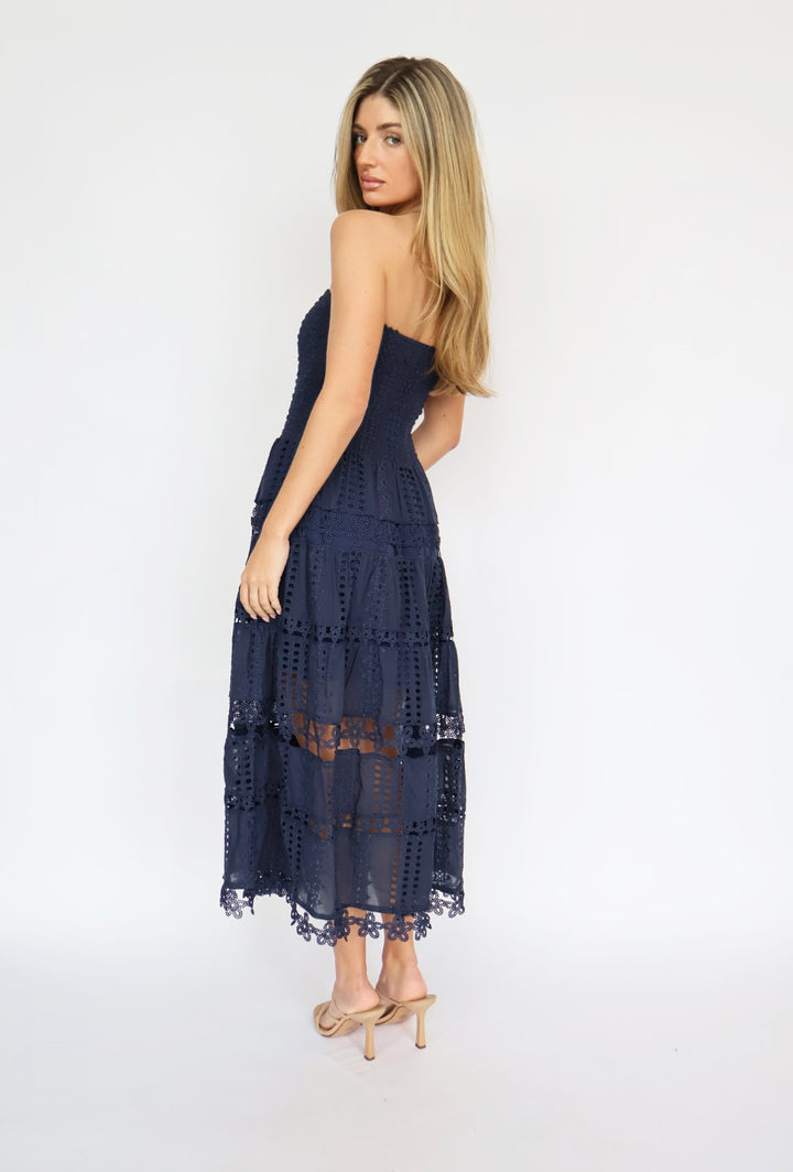 Eyelet Smocked Top Strapless Maxi Dress