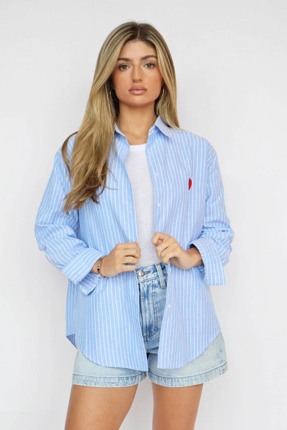 Red Heart Detail Blue Striped Shirt