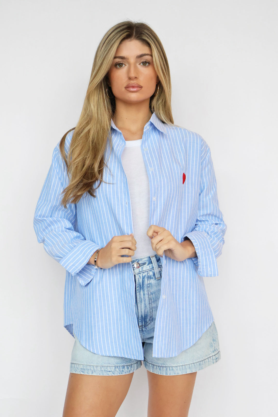 Red Heart Detail Blue Striped Shirt