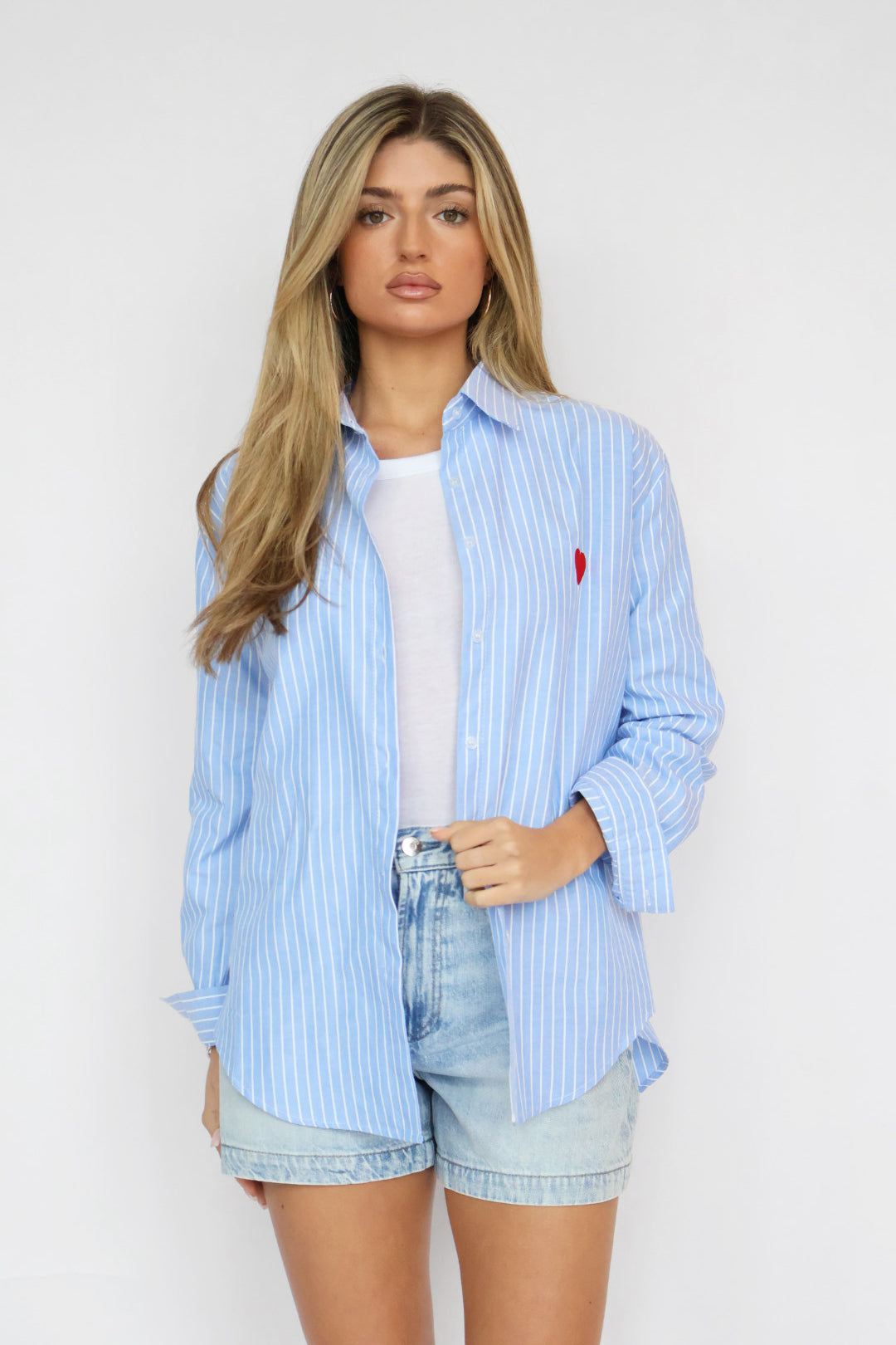 Red Heart Detail Blue Striped Shirt