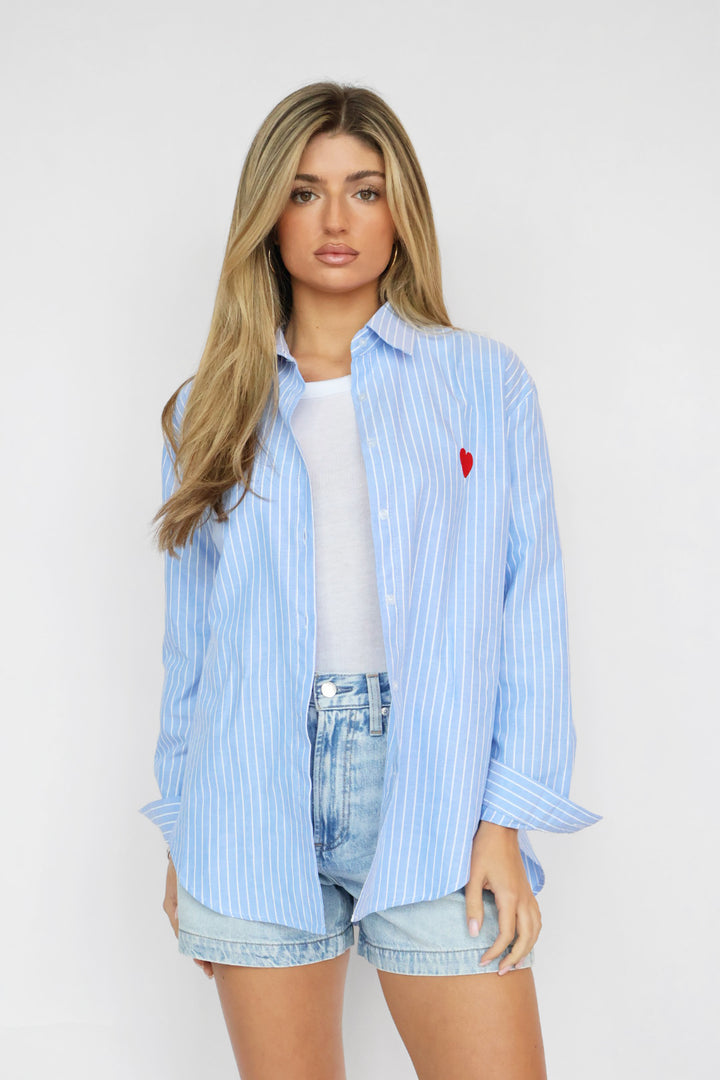 Red Heart Detail Blue Striped Shirt