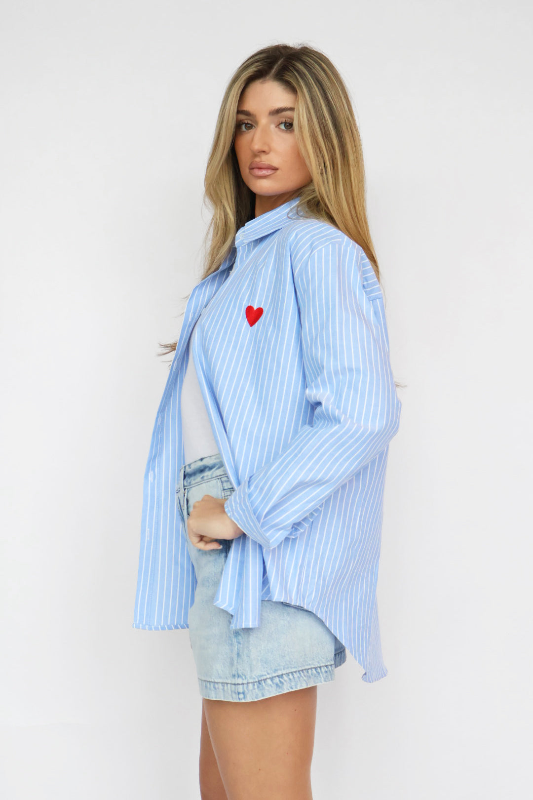 Red Heart Detail Blue Striped Shirt