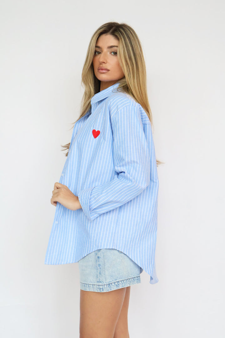 Red Heart Detail Blue Striped Shirt