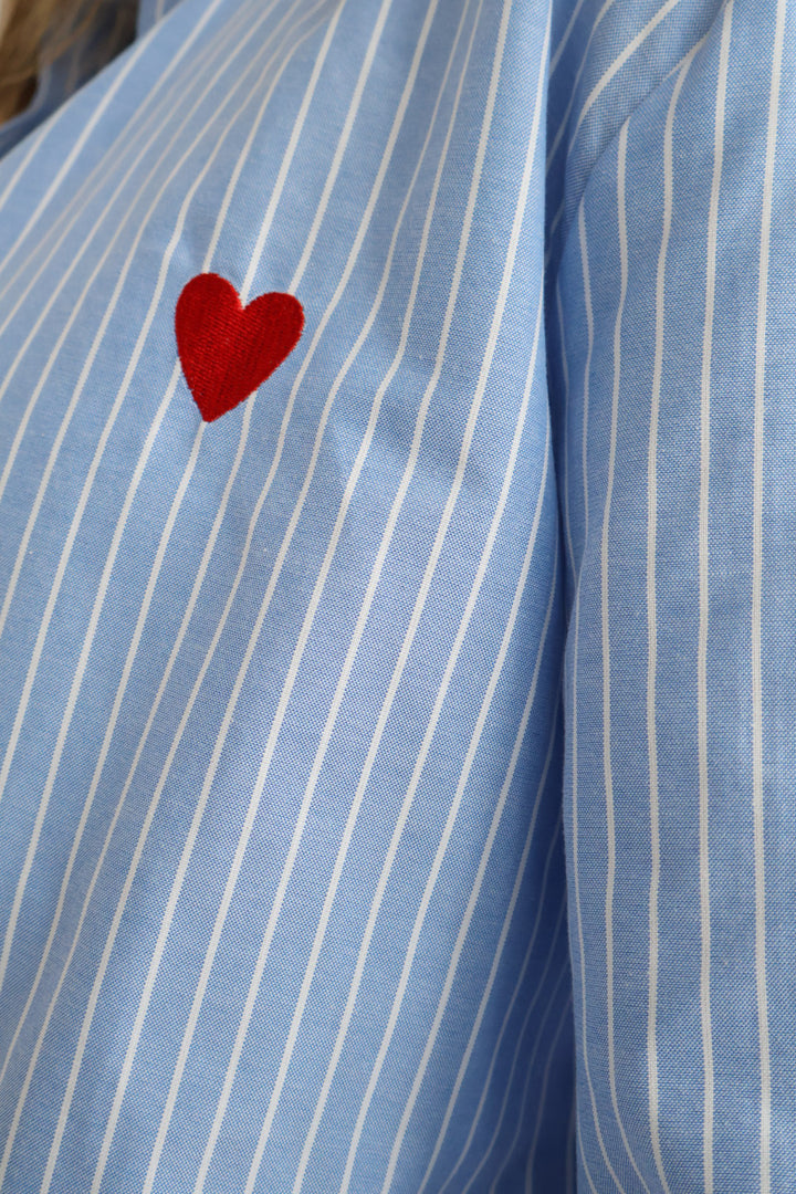 Red Heart Detail Blue Striped Shirt