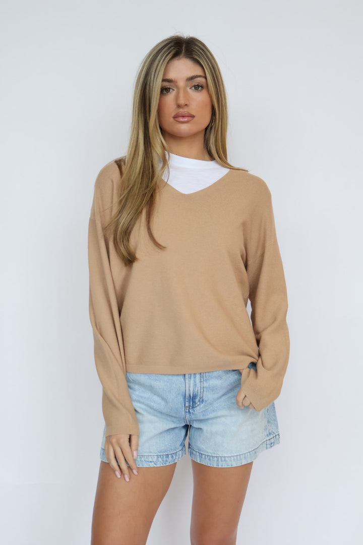 Camel V-Neck One Size Light weight Knit Sweater