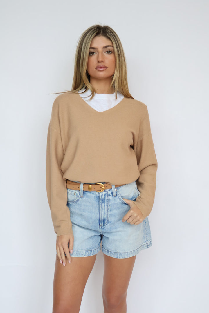 Camel V-Neck One Size Light weight Knit Sweater