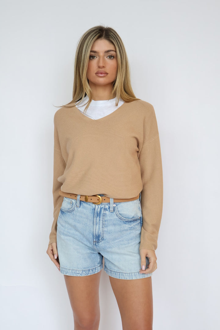 Camel V-Neck One Size Light weight Knit Sweater