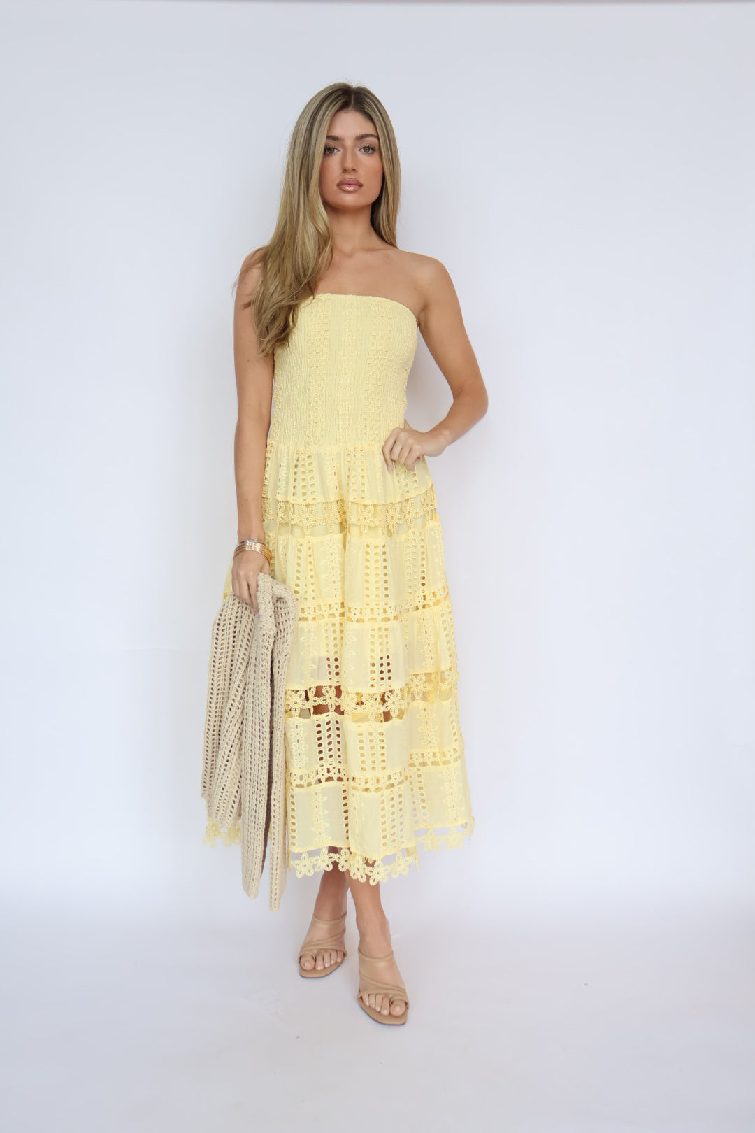 Eyelet Smocked Top Strapless Maxi Dress