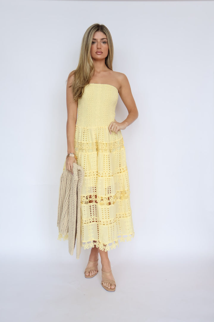 Eyelet Smocked Top Strapless Maxi Dress