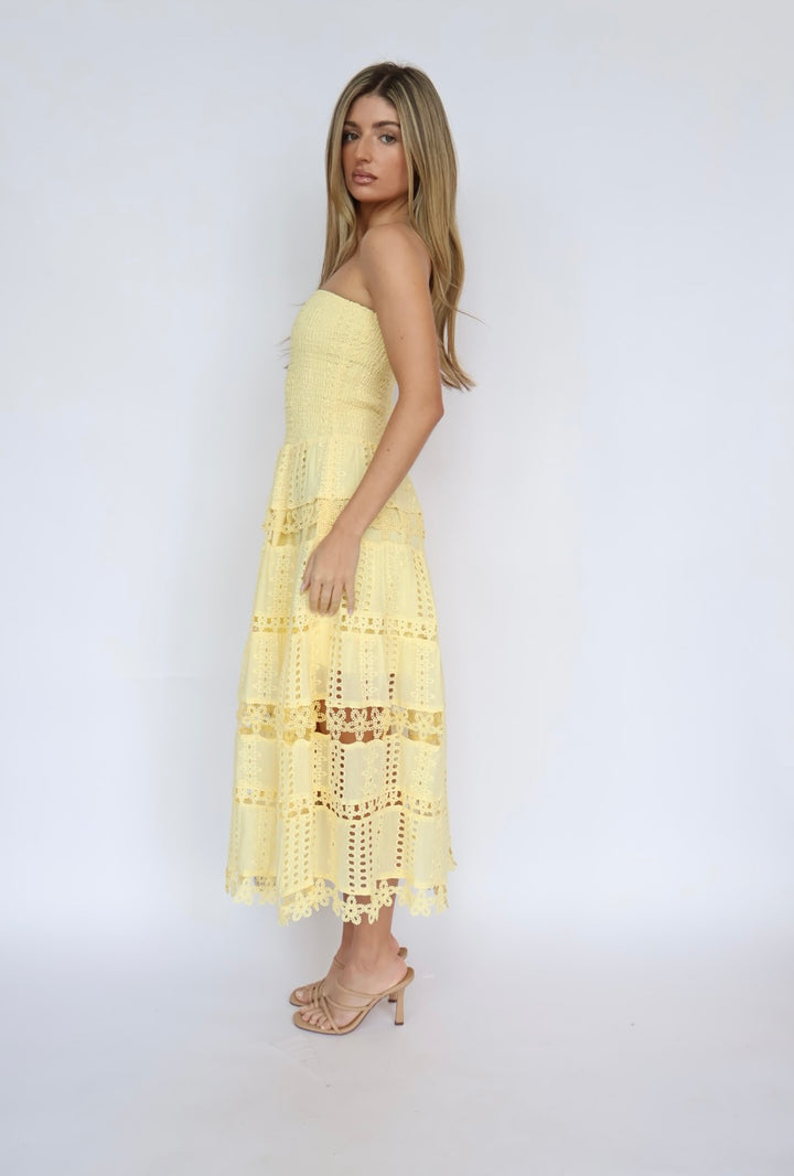 Eyelet Smocked Top Strapless Maxi Dress