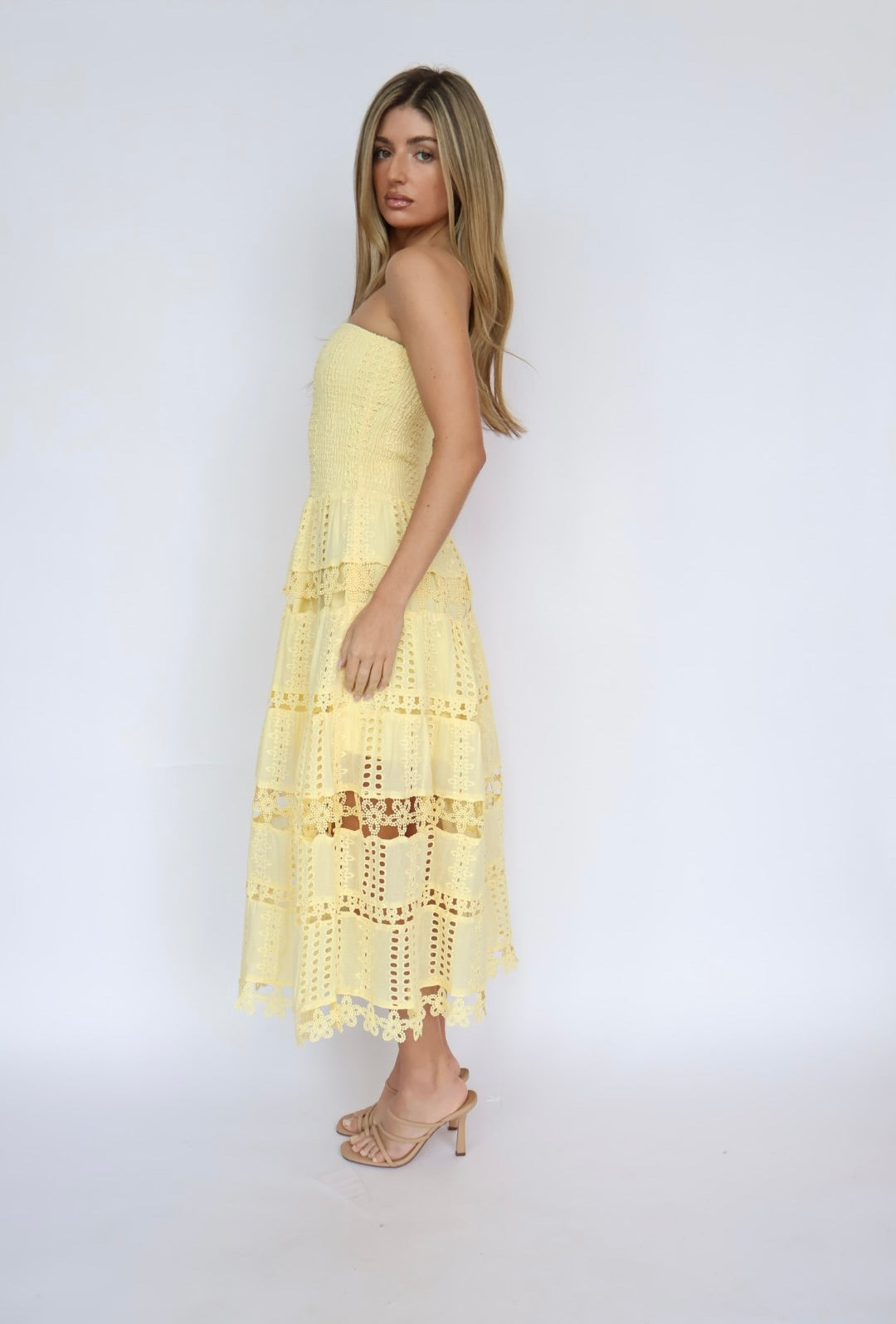Eyelet Smocked Top Strapless Maxi Dress