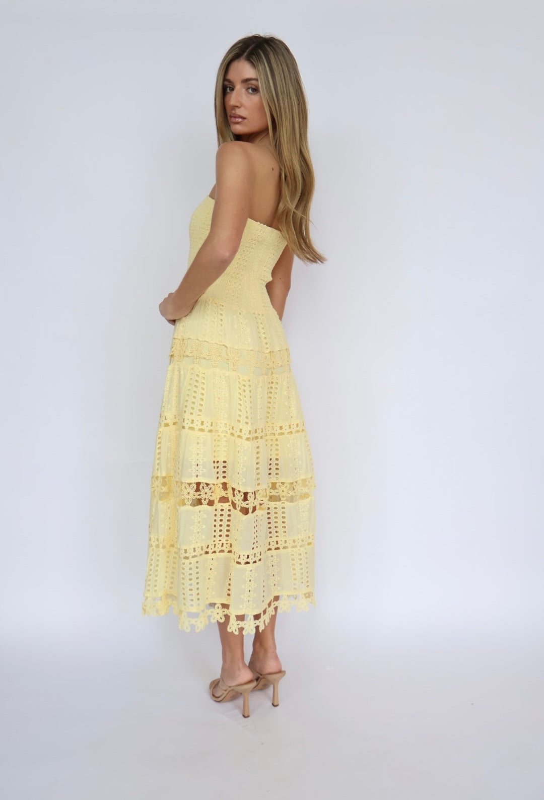 Eyelet Smocked Top Strapless Maxi Dress