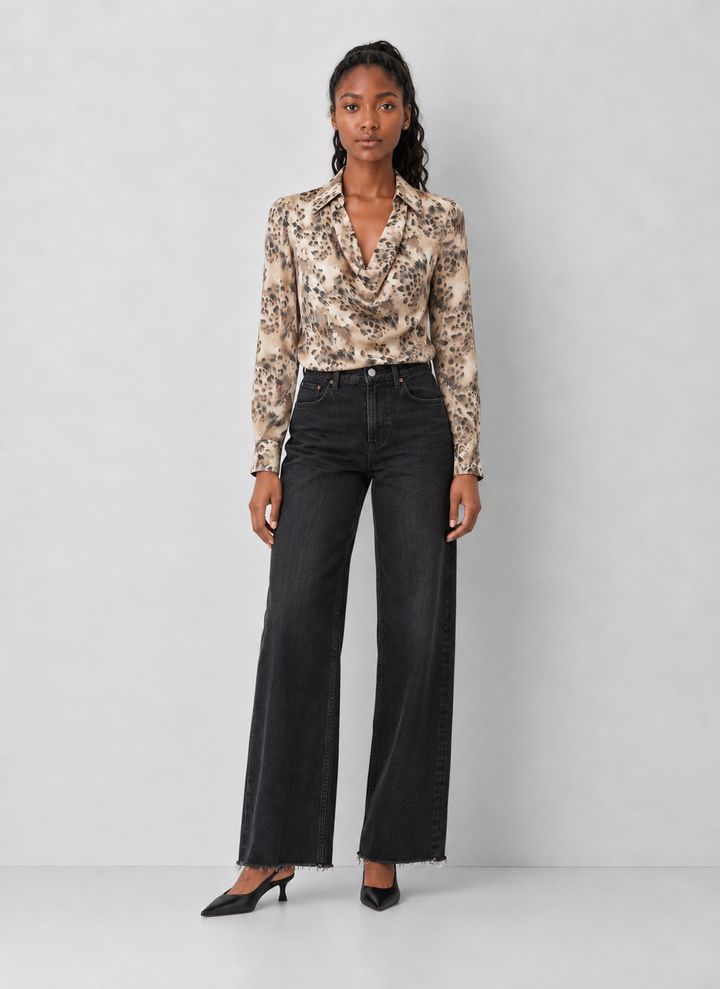 Leopard Printed Cowl Neck Collared Blouse