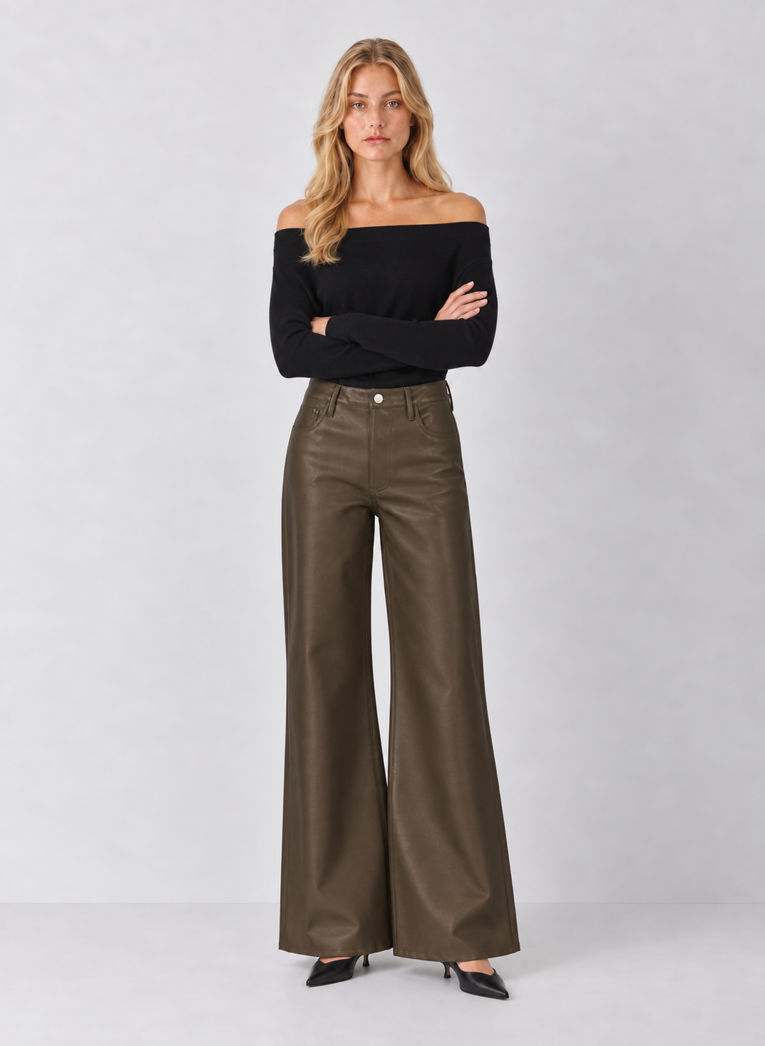 Dear John Fiona Wide Leg Leather Jeans - Oakmoss
