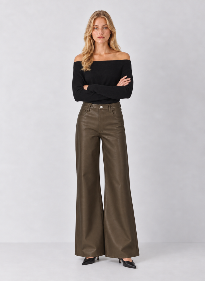 Dear John Fiona Wide Leg Leather Jeans - Oakmoss