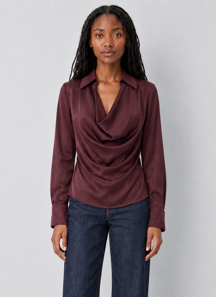 Cowl Neck Collared Long Sleeve Blouse