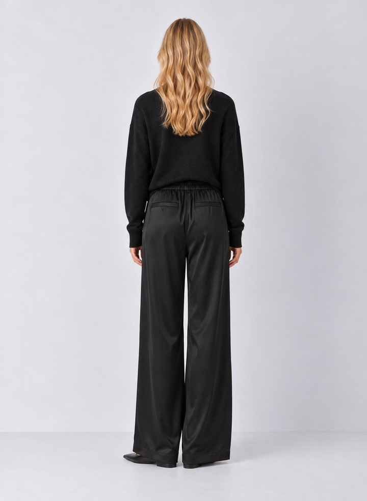 Elan Satin High-Waisted Wide-Leg Trousers
